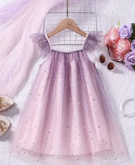 Vestido Rosa/Morado con Estrellitas Plateadas