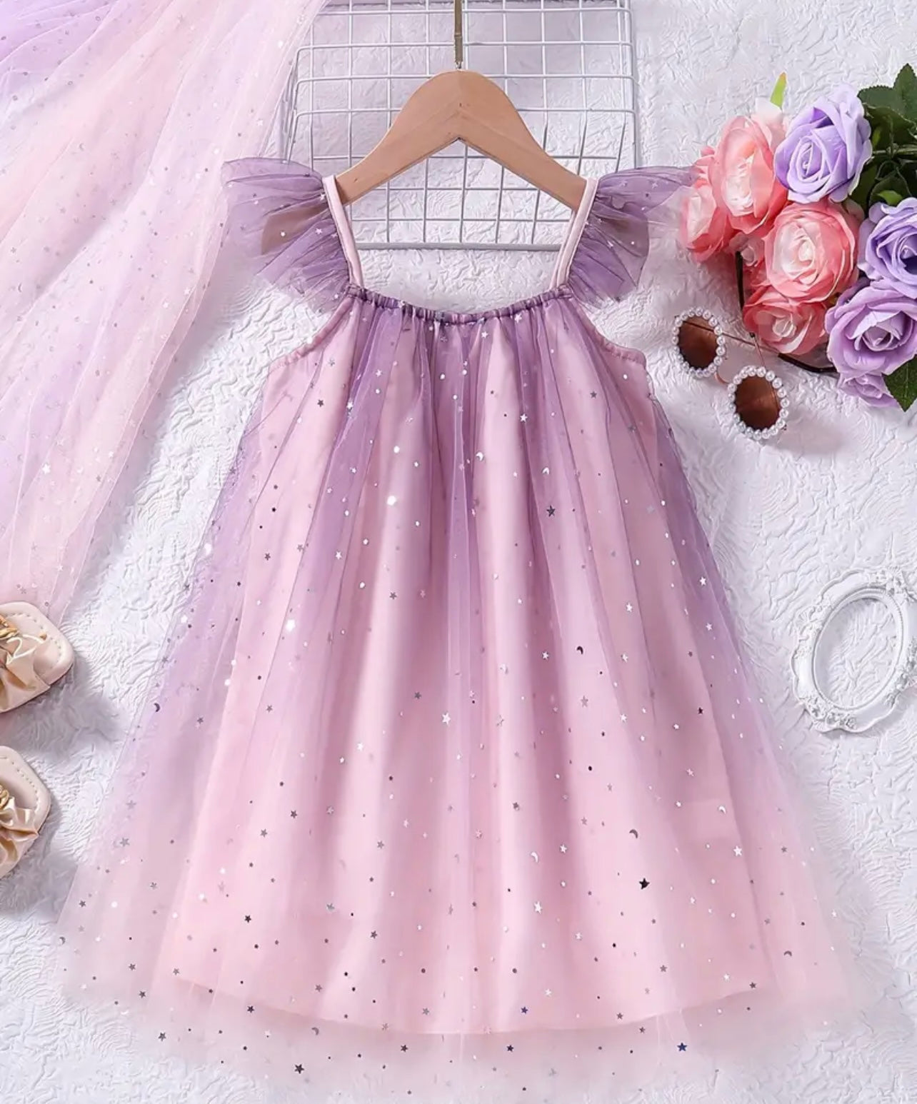 Vestido Rosa/Morado con Estrellitas Plateadas